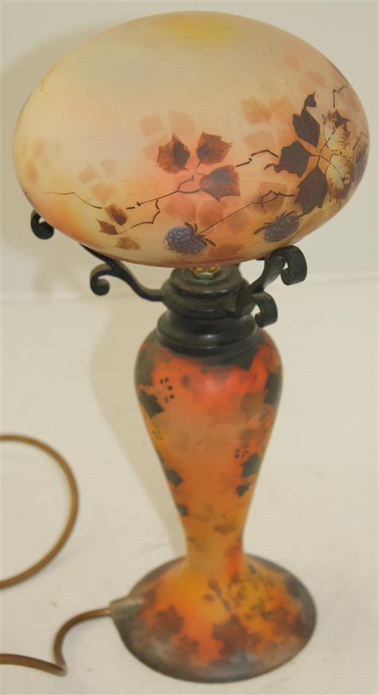 A Peynaud enamelled glass lamp base and shade, early 20th century, total height 33cm